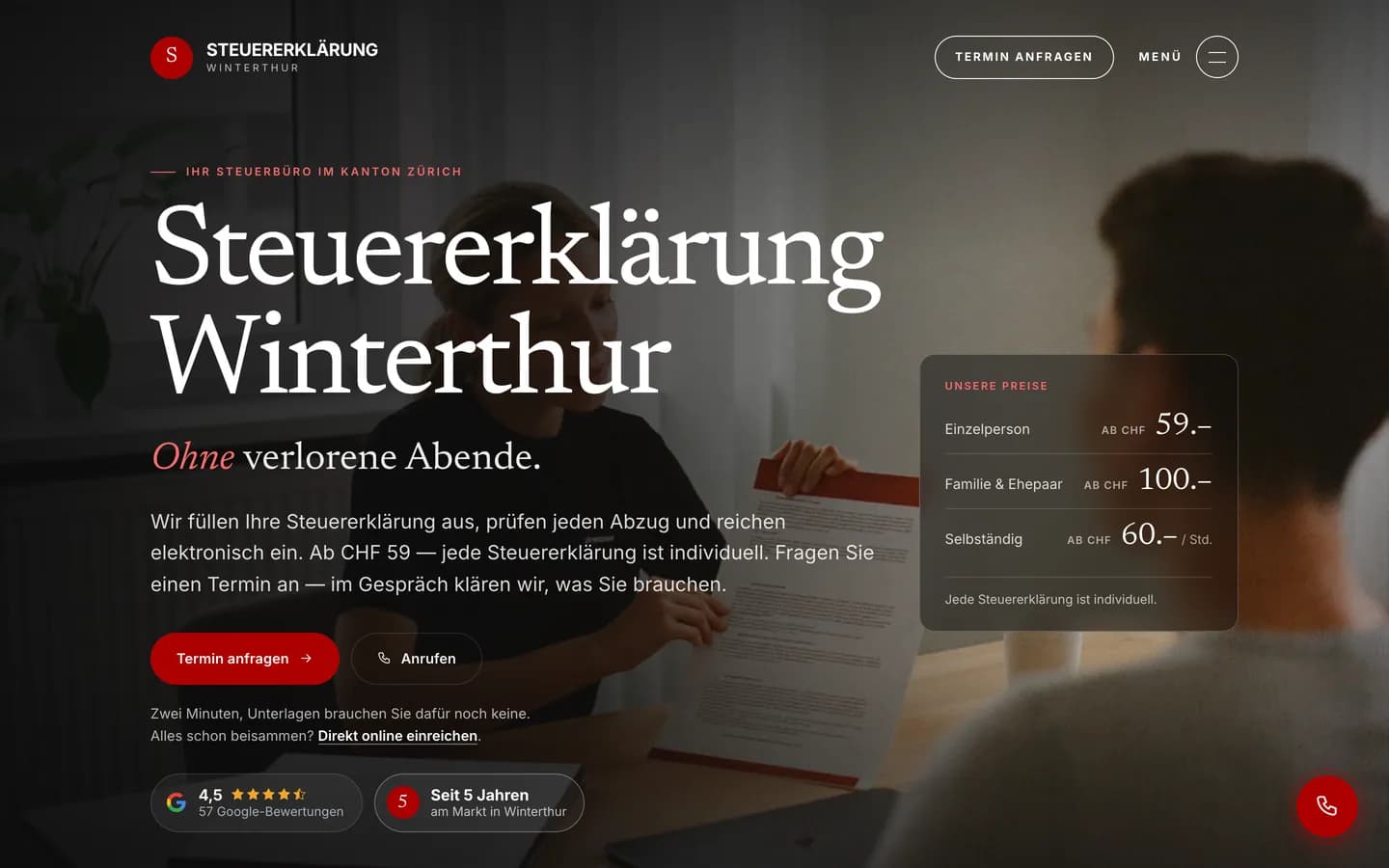 Screenshot von steuererklaerungwinterthur.ch nach dem Relaunch