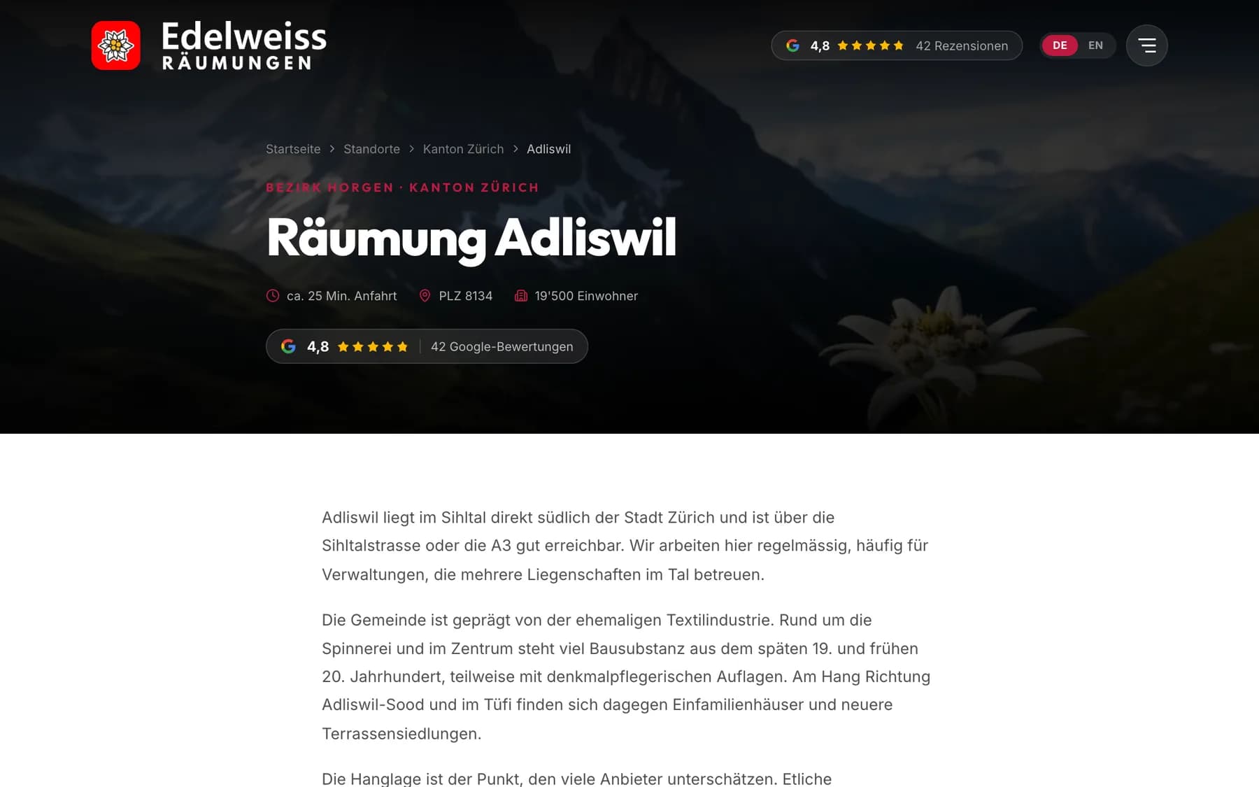 Ortsseite Adliswil von Edelweiss Räumungen