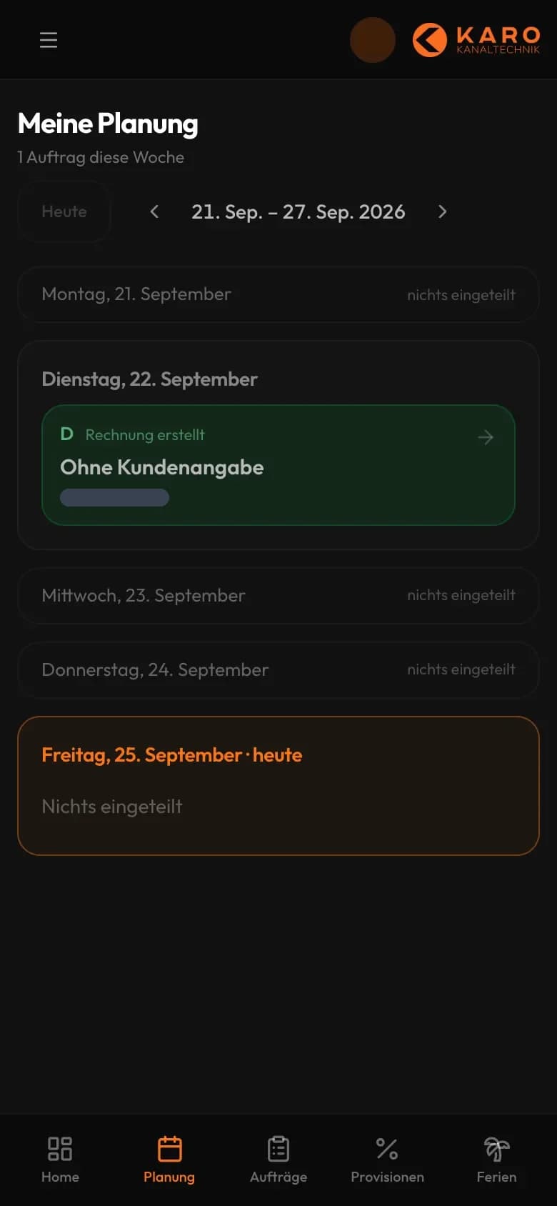 Wochenplanung der Monteure von Karo Kanaltechnik auf dem Smartphone