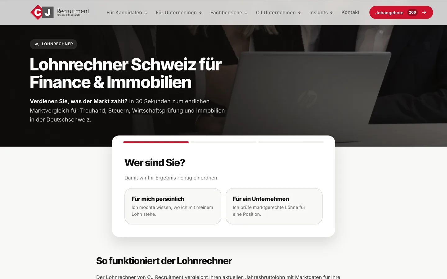 Lohnrechner Schweiz von CJ Recruitment, Live-Ansicht Desktop