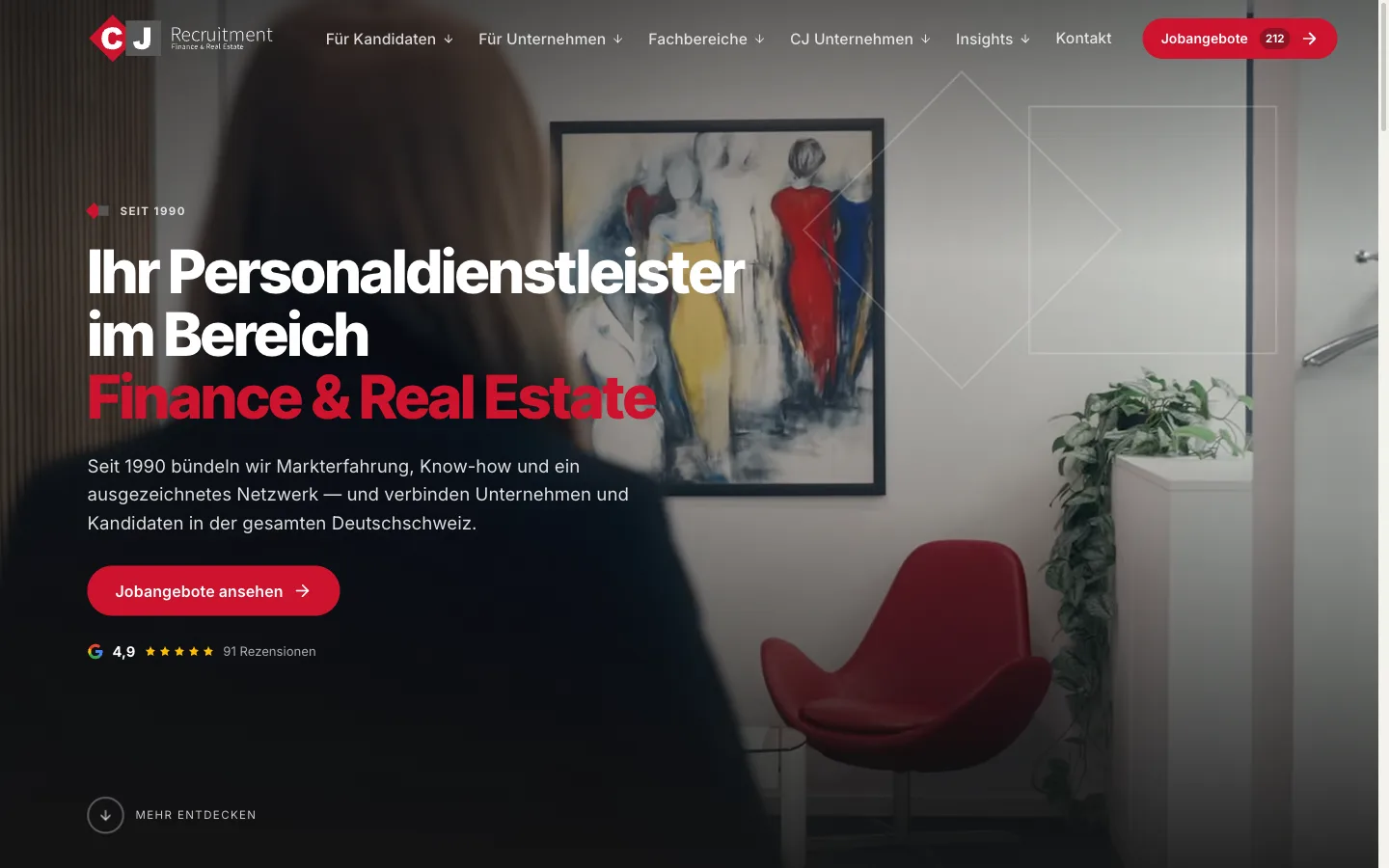 CJ Recruitment — Redesign for the Zurich recruitment firm for finance and real estate, in business since 1990. It adds a salary calculator with market benchmarks, inquiry wizards, SEO and GEO, and a custom dashboard that brings all lead and usage data together.