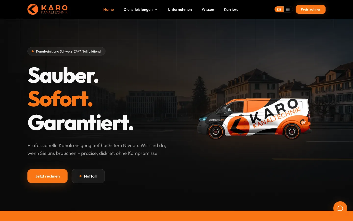 Karo Kanaltechnik — Website and custom business software for a drain cleaning company from Frauenfeld. The bilingual website has location pages for Zurich, Thurgau, St. Gallen and Appenzell and a price calculator. The software covers quotes, jobs, QR invoices, a technician view and a client portal; an iOS app is in progress.