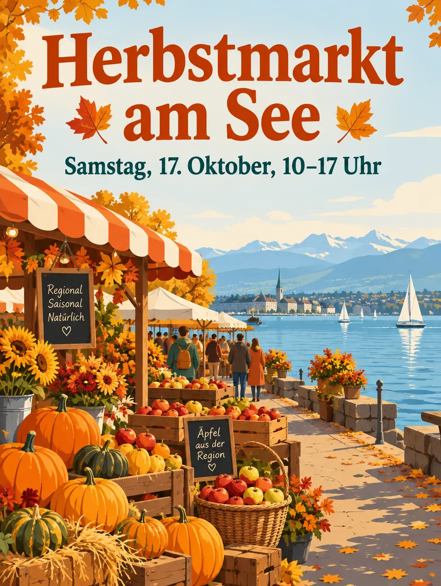 KI-generiertes Plakat im Illustrationsstil mit dem Titel Herbstmarkt am See, Marktstände mit Kürbissen am Seeufer, Berge im Hintergrund