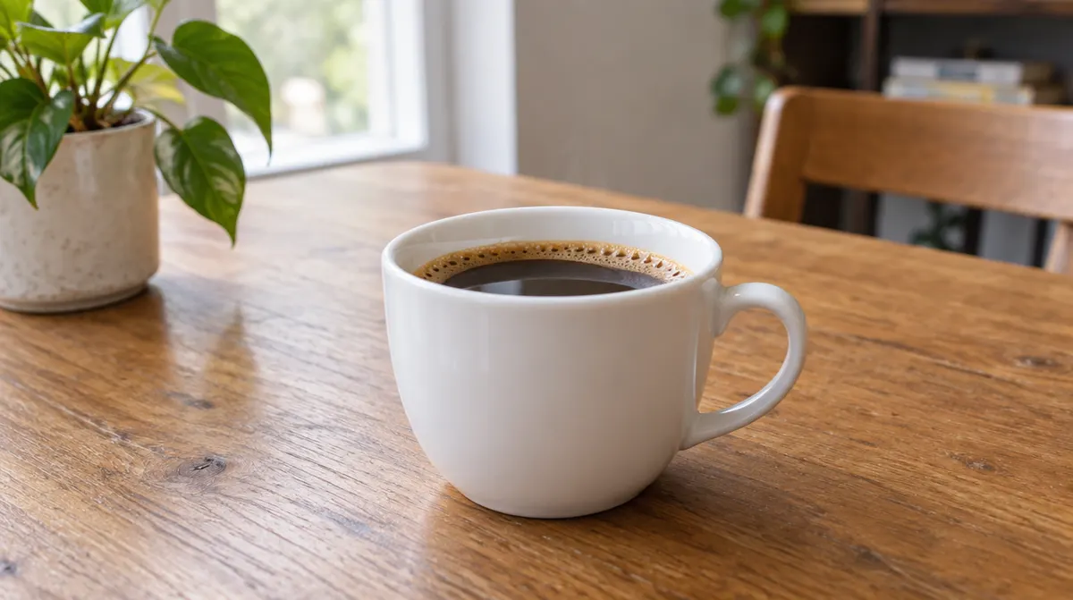 KI-generiertes Bild einer weissen Kaffeetasse mit Kaffee auf einem Holztisch, daneben eine Topfpflanze