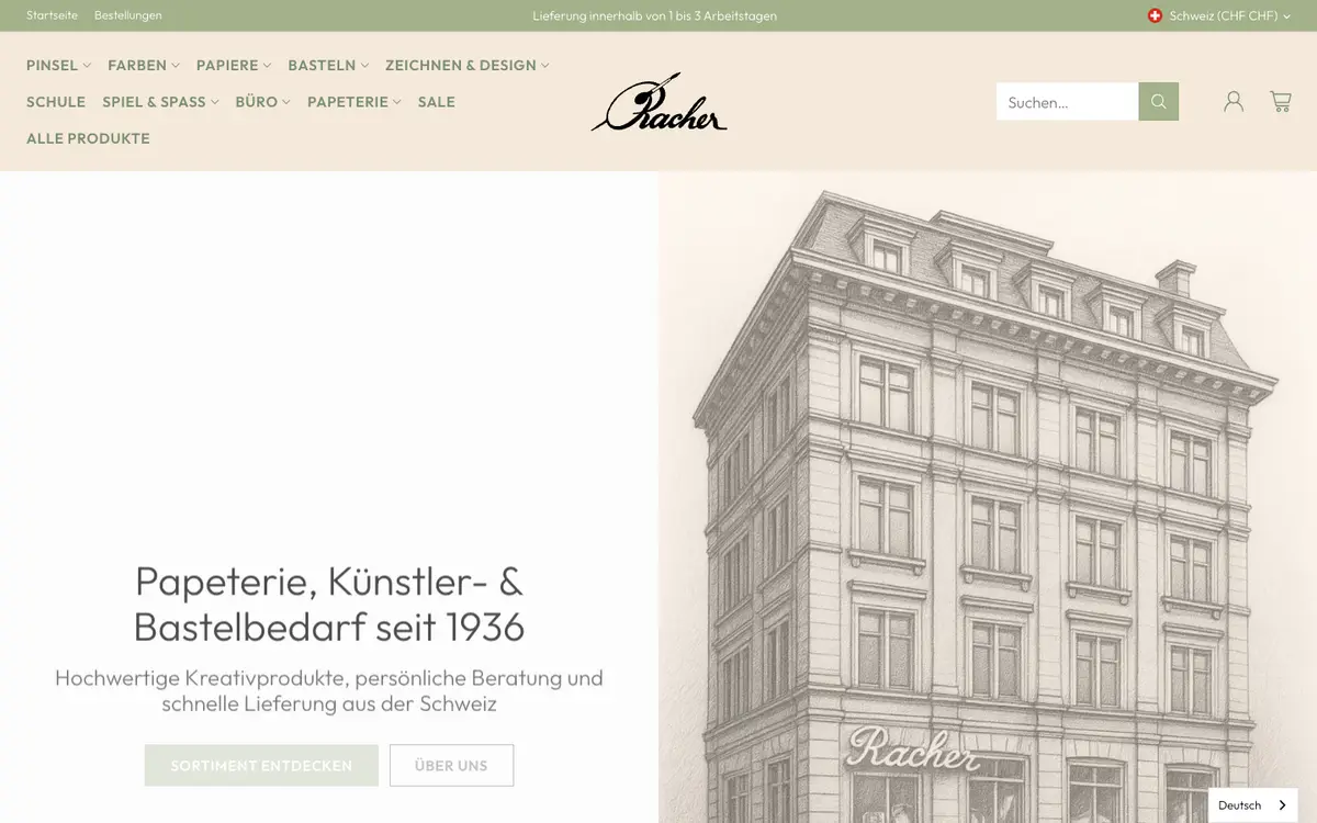 Screenshot of the Racher Papeterie website