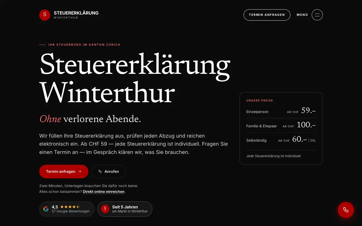 Screenshot of the Tax Returns Winterthur website