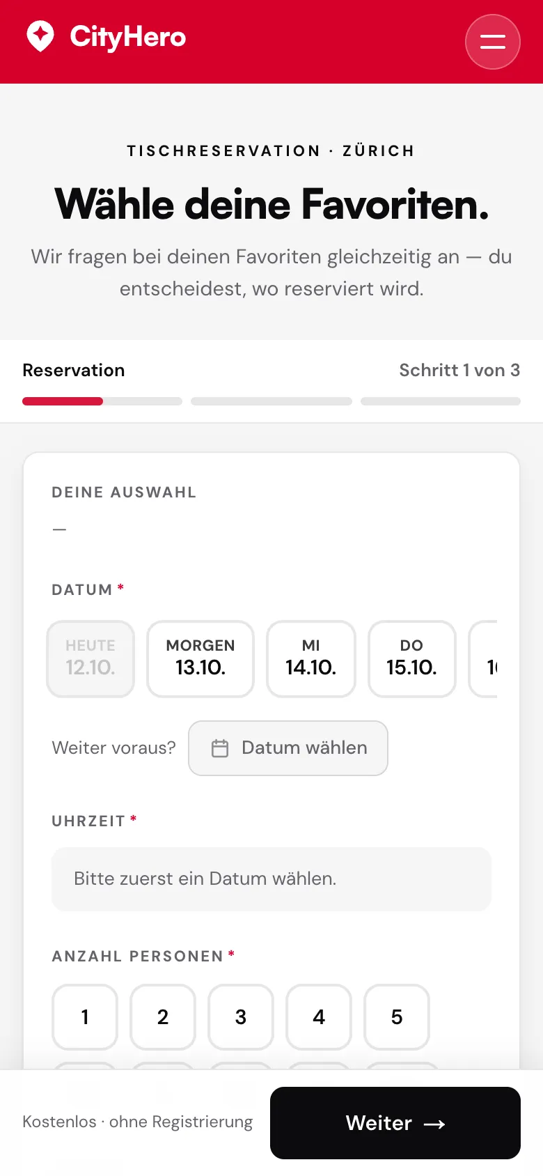 CityHero – Anfrage-Assistent, Schritt 1 von 3: Datum als Chips, Zeiten nach Öffnungszeiten