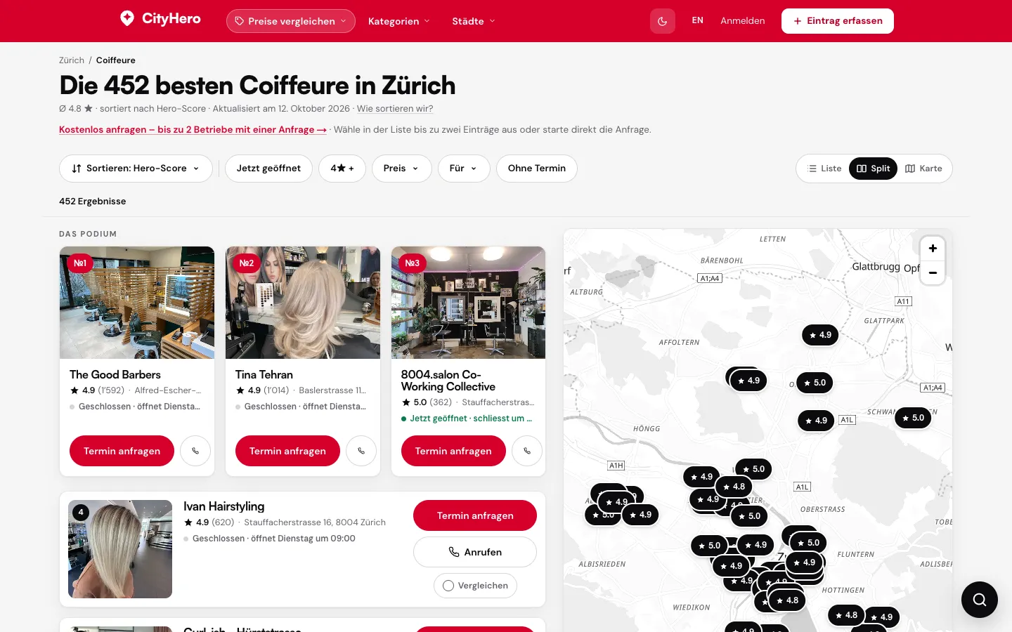 CityHero – Rangliste Coiffeure Zürich mit Filterleiste, Podium und Karte