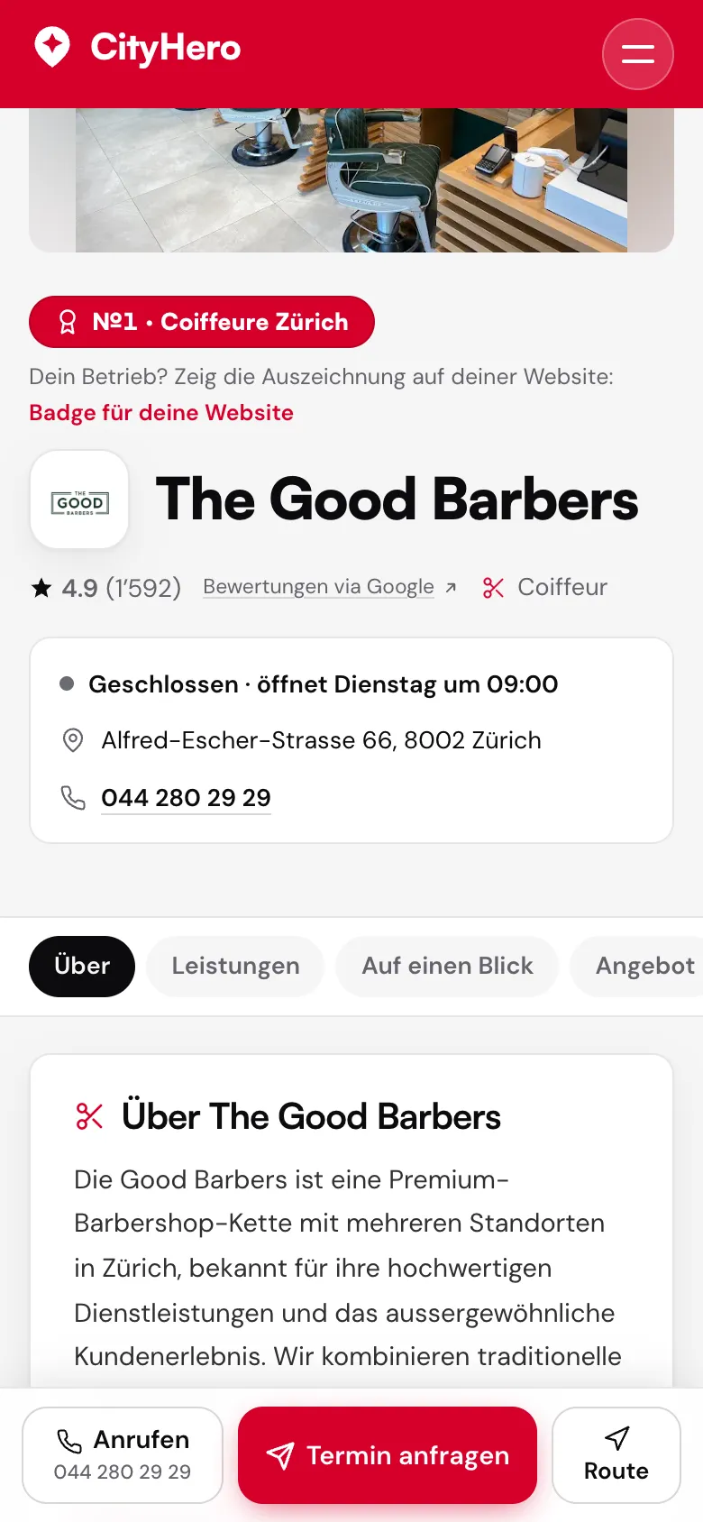 CityHero – Betriebsprofil mit Öffnungsstatus, Adresse und Anruf-Knopf