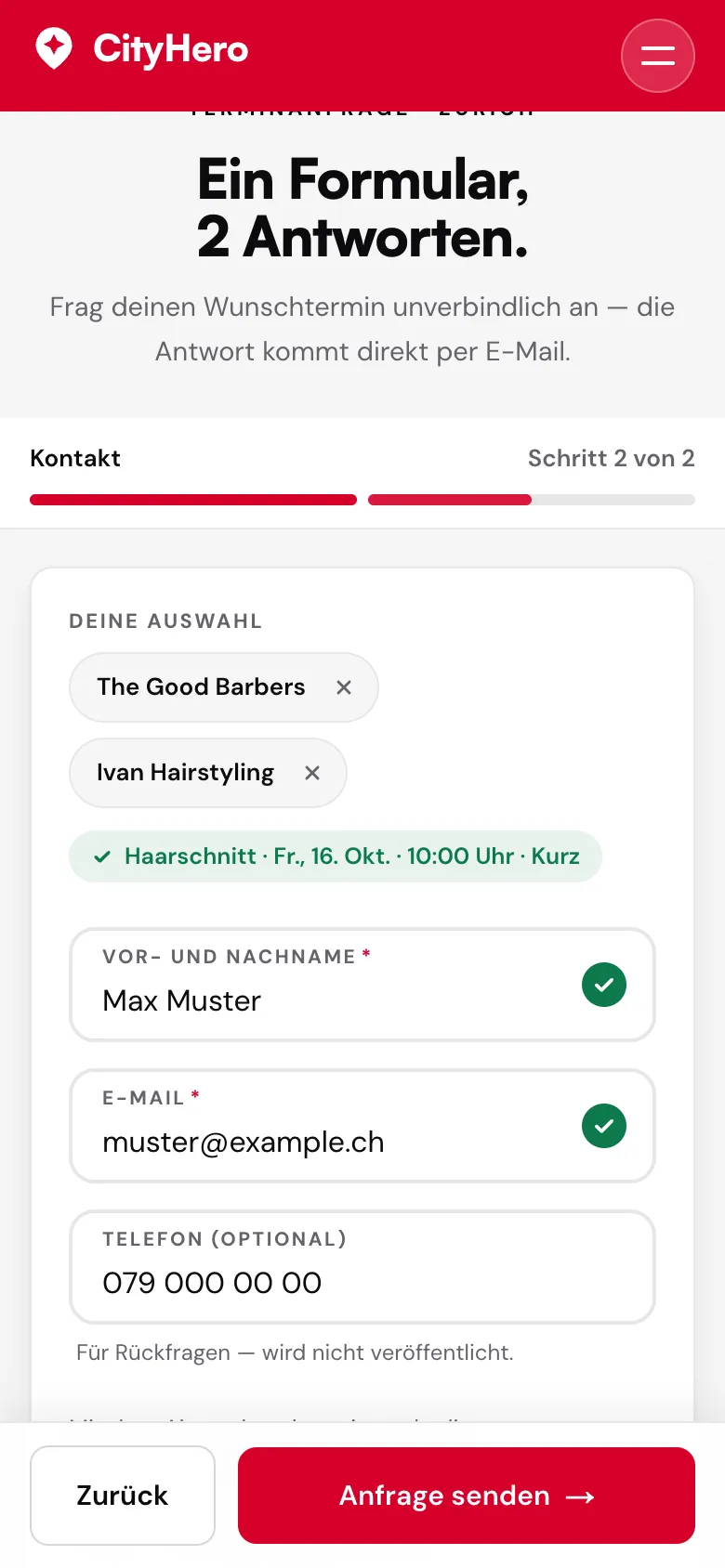 CityHero – Anfrage an zwei Betriebe, mit Beispieldaten (nichts abgesendet)