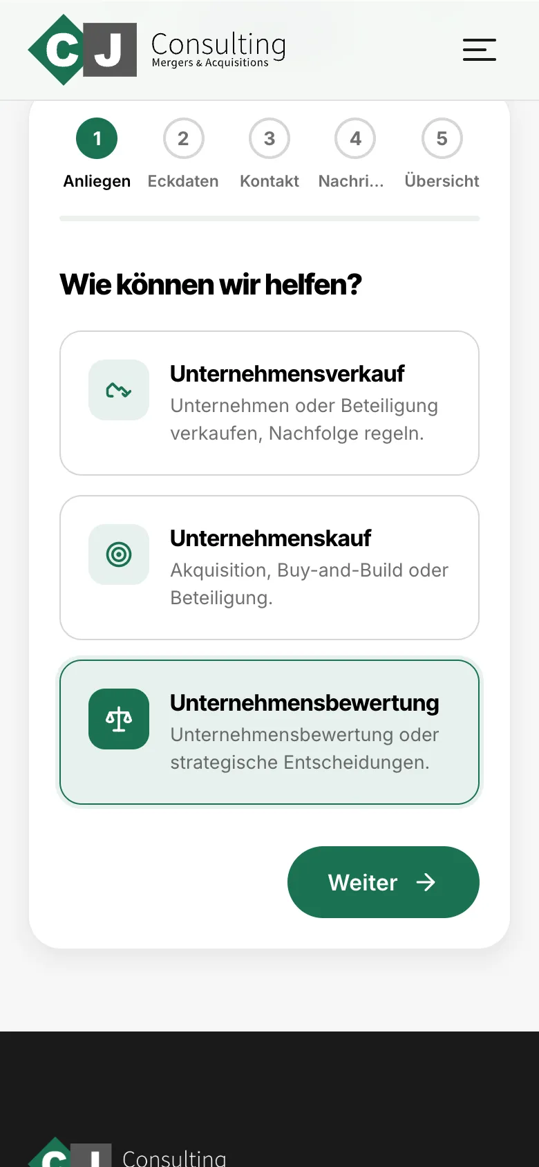 CJ Consulting – Enquiry wizard on mobile, step 1: request type