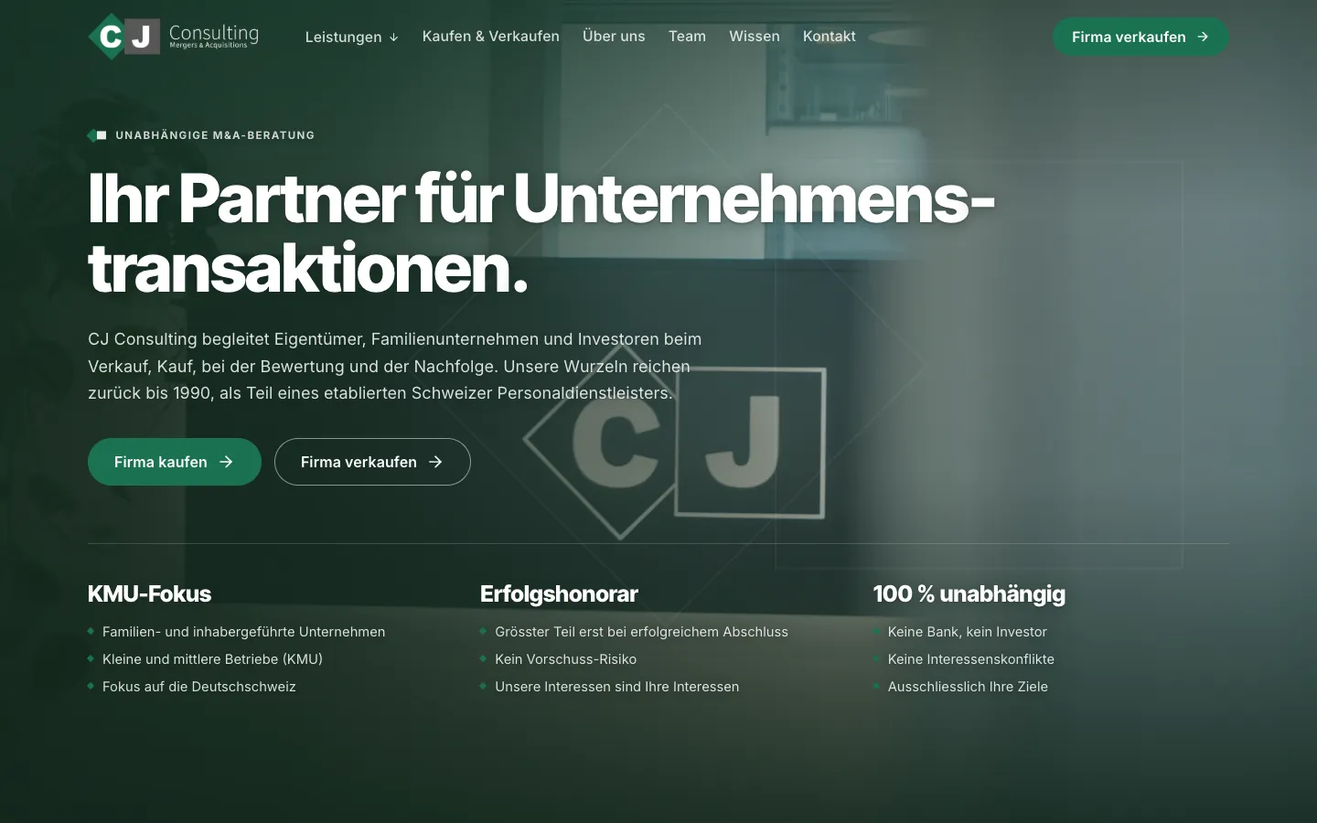 CJ Consulting – Case study CJ Consulting: website, SEO and GEO for M&A advisory, with anonymous company listings, buyer requests and an enquiry wizard for Swiss SMEs.