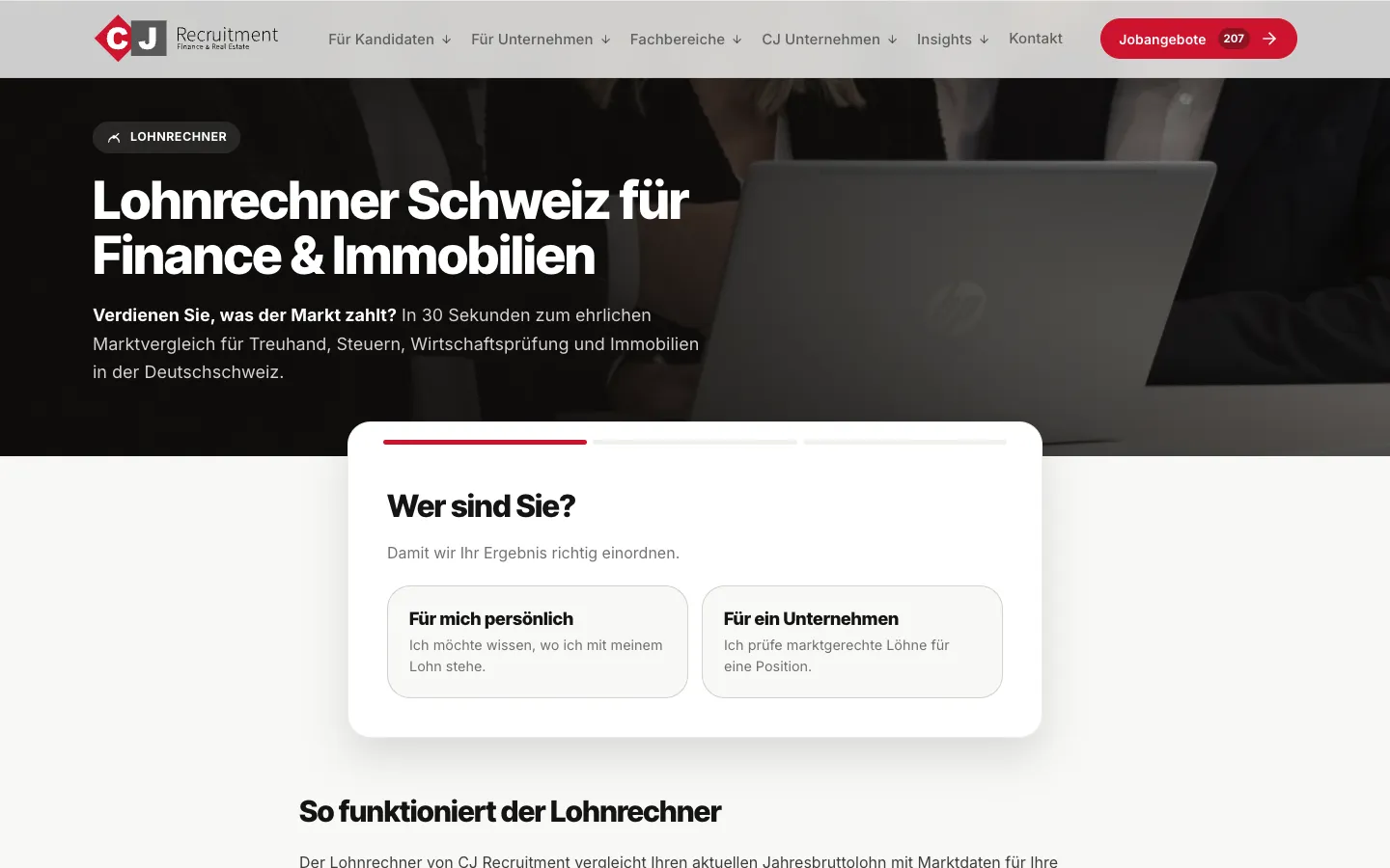 CJ Recruitment – Lohnrechner, erster Schritt: für sich selbst oder als Unternehmen