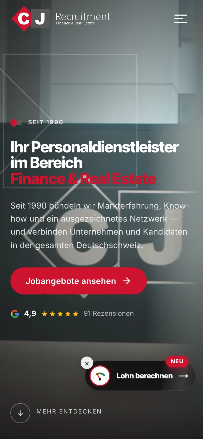CJ Recruitment – Startseite mit schwebendem Lohnrechner-Knopf