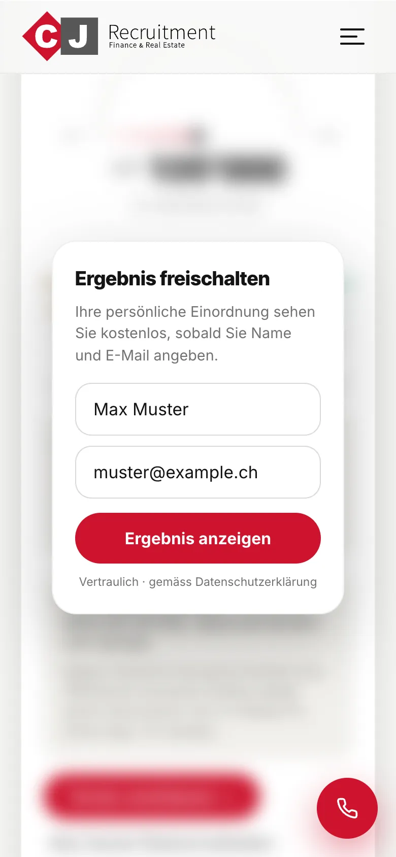 CJ Recruitment – Ergebnis freischalten mit Name und E-Mail (Beispieldaten, Kontaktdaten nicht abgesendet)