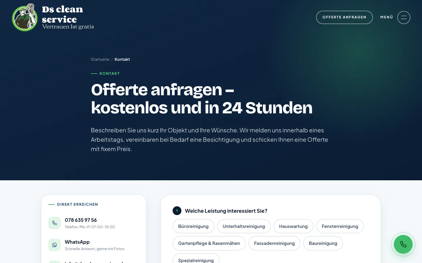 DS Cleanservice – Offertanfrage: Leistungen als Chips, daneben Telefon und WhatsApp