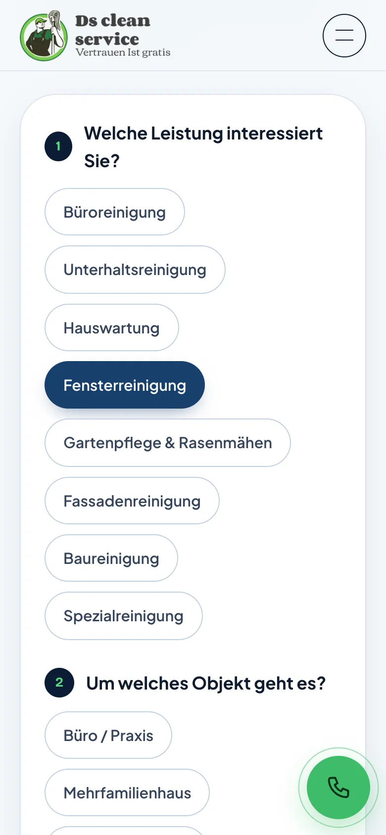 DS Cleanservice – Offertanfrage auf dem Handy: Leistungen als Chips