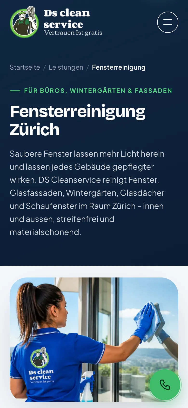 DS Cleanservice – Leistungsseite Fensterreinigung auf dem Handy