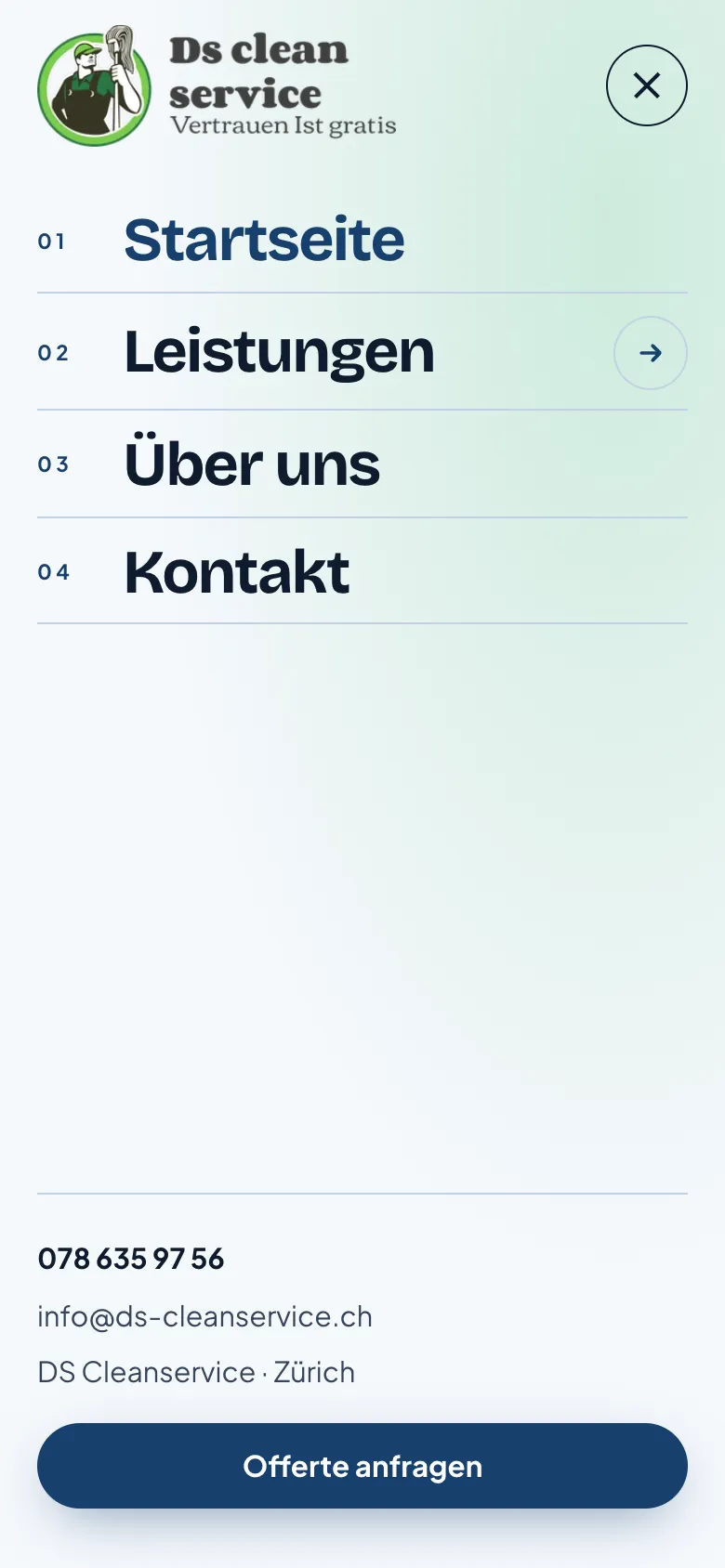 DS Cleanservice – Vollbild-Menü auf dem Handy mit Kontaktblock und «Offerte anfragen»