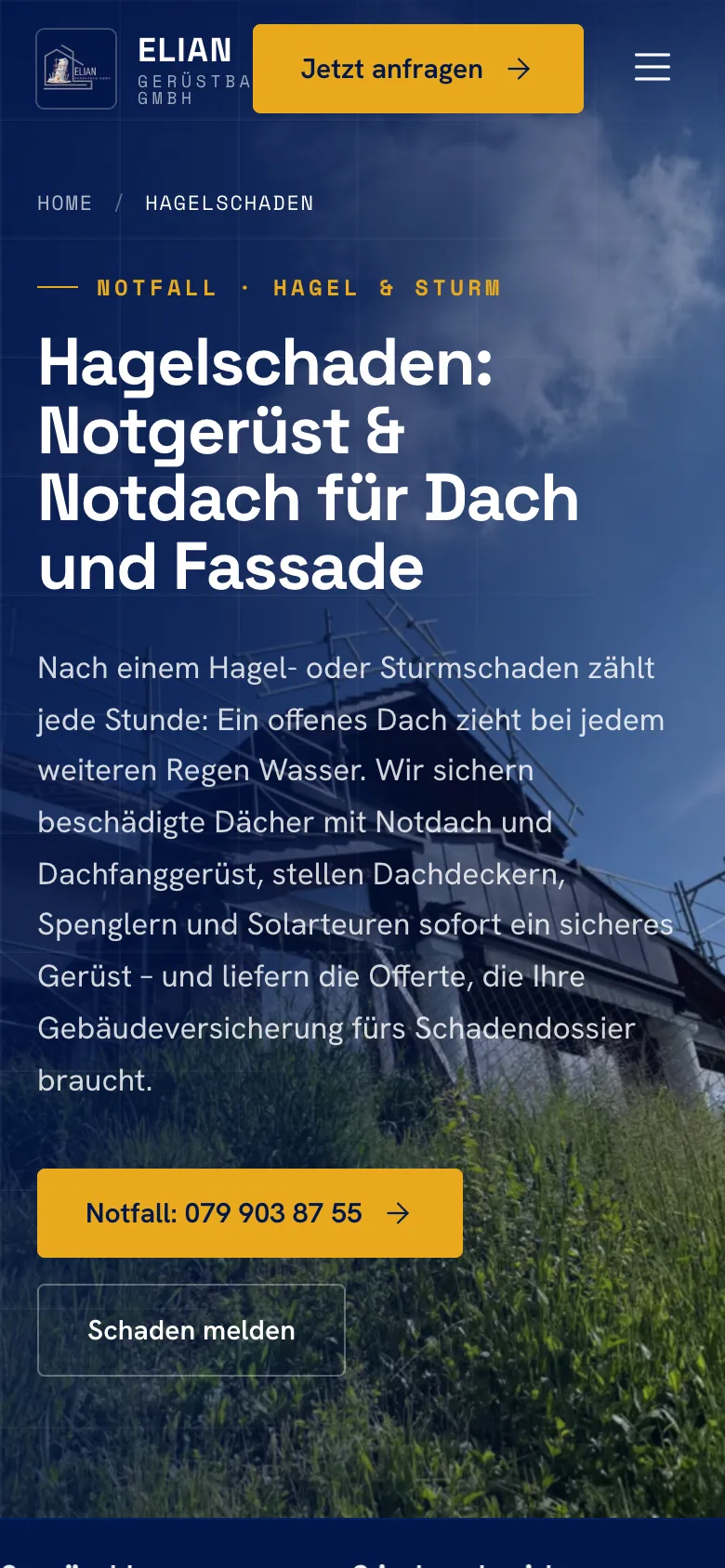 Elian Gerüstbau – Notfallseite Hagelschaden auf dem Handy
