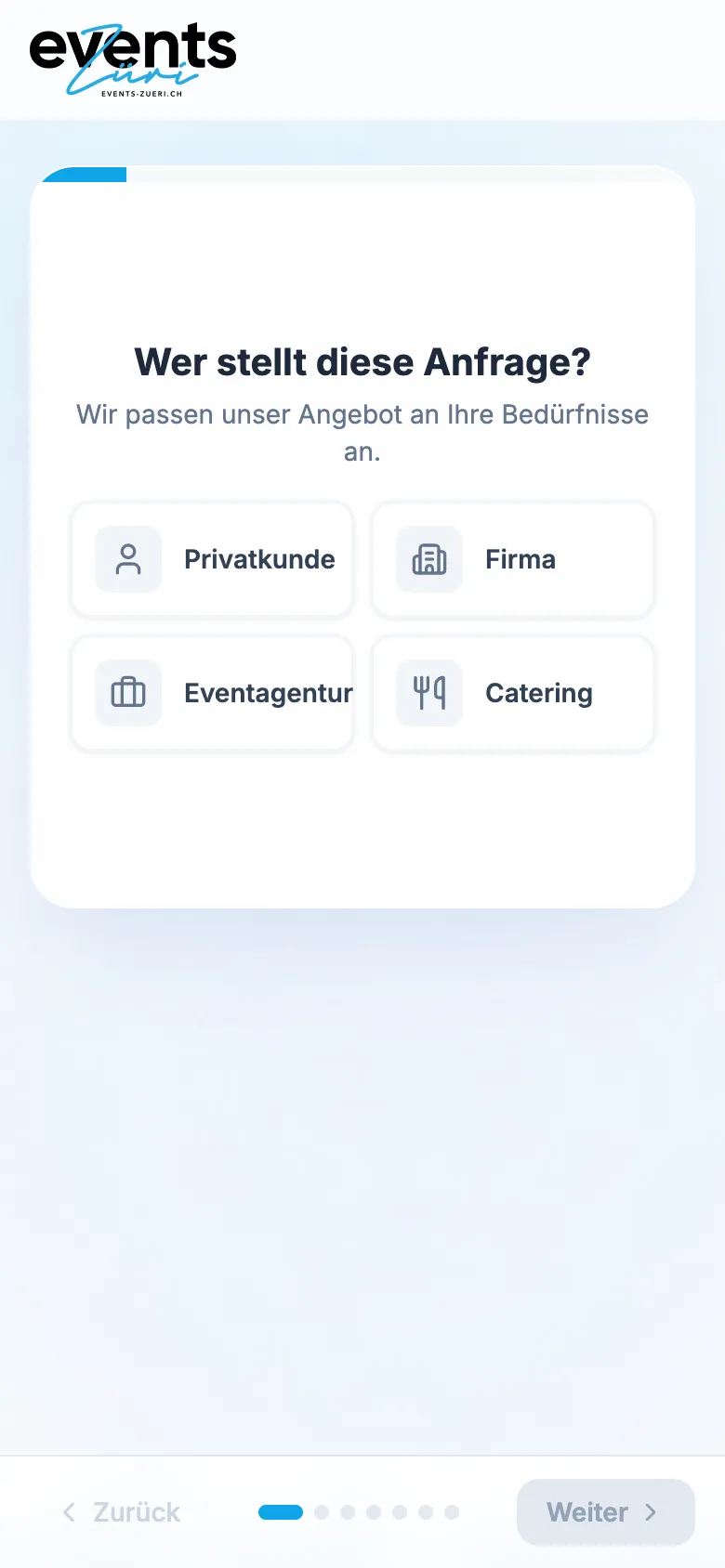 Inquiry Wizard for Events Züri – Mobile view
