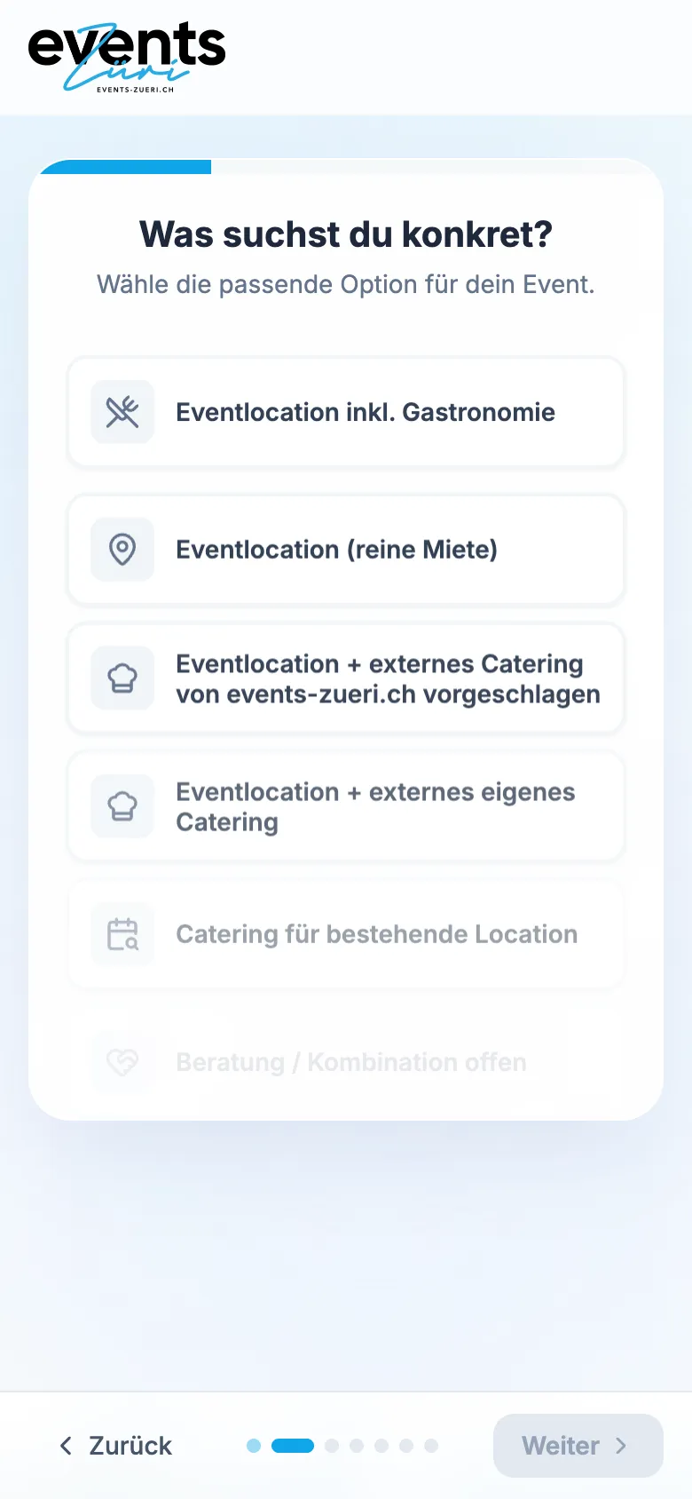 Inquiry Wizard for Events Züri – Step 2: what exactly are you looking for?
