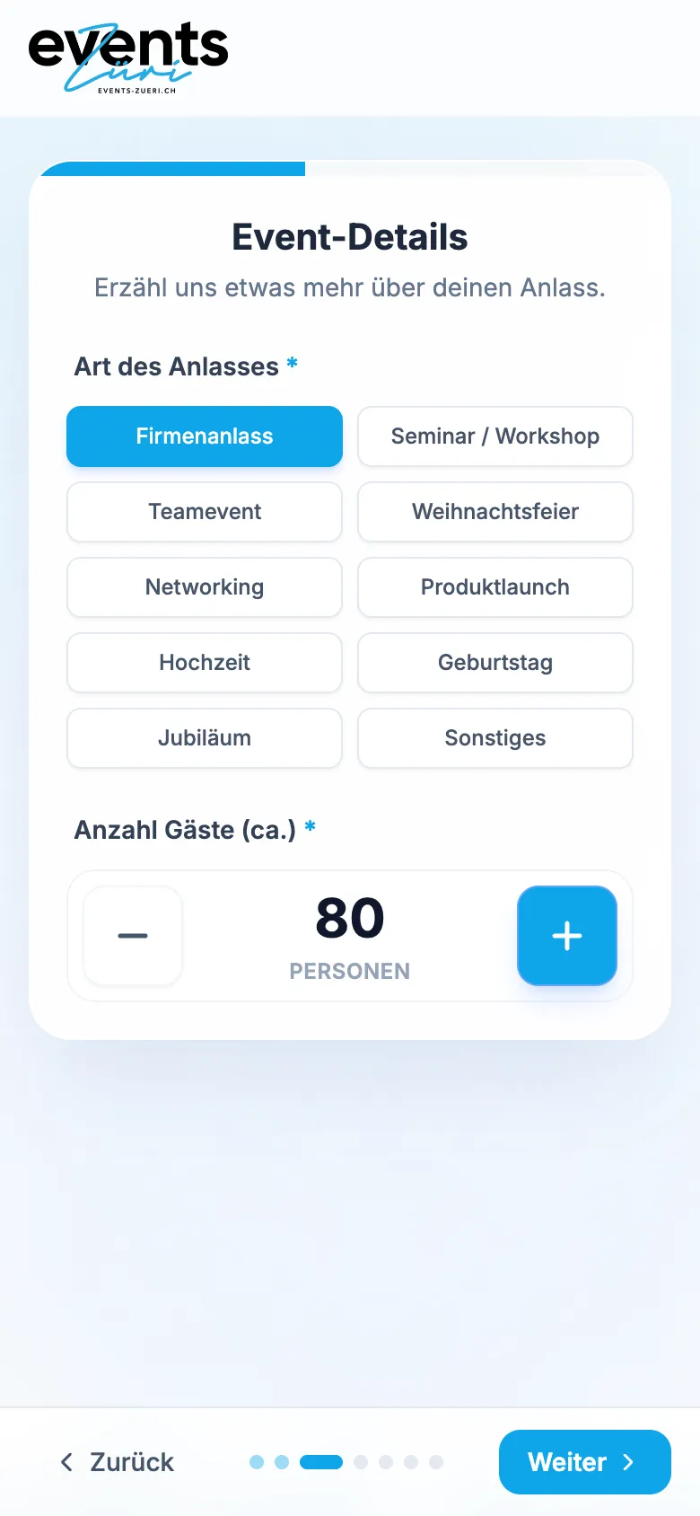 Inquiry Wizard for Events Züri – Step 3: corporate event for 80 guests