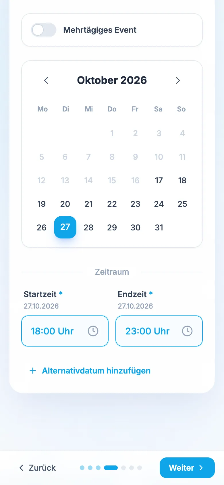 Inquiry Wizard for Events Züri – Step 4: own calendar with start and end time