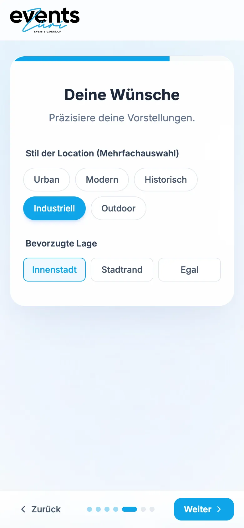 Inquiry Wizard for Events Züri – Step 5: venue style and area