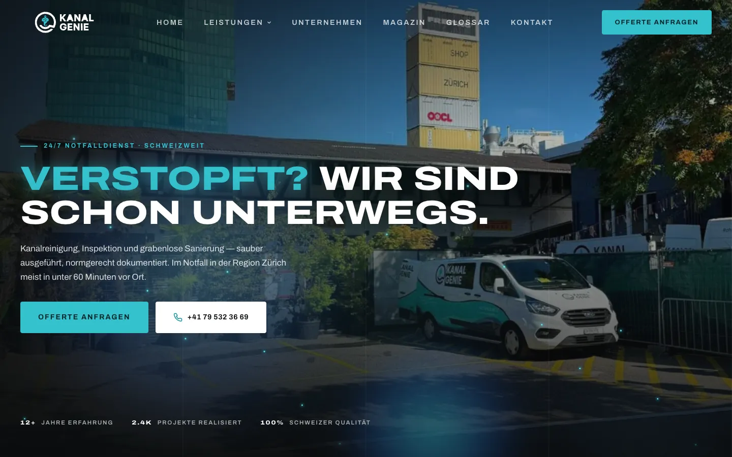 KanalGenie Drain & Pipe Services – Case study KanalGenie: redesign with 5-step appointment request, emergency page, 41 town pages, glossary and Google Ads conversion tracking near Zurich.