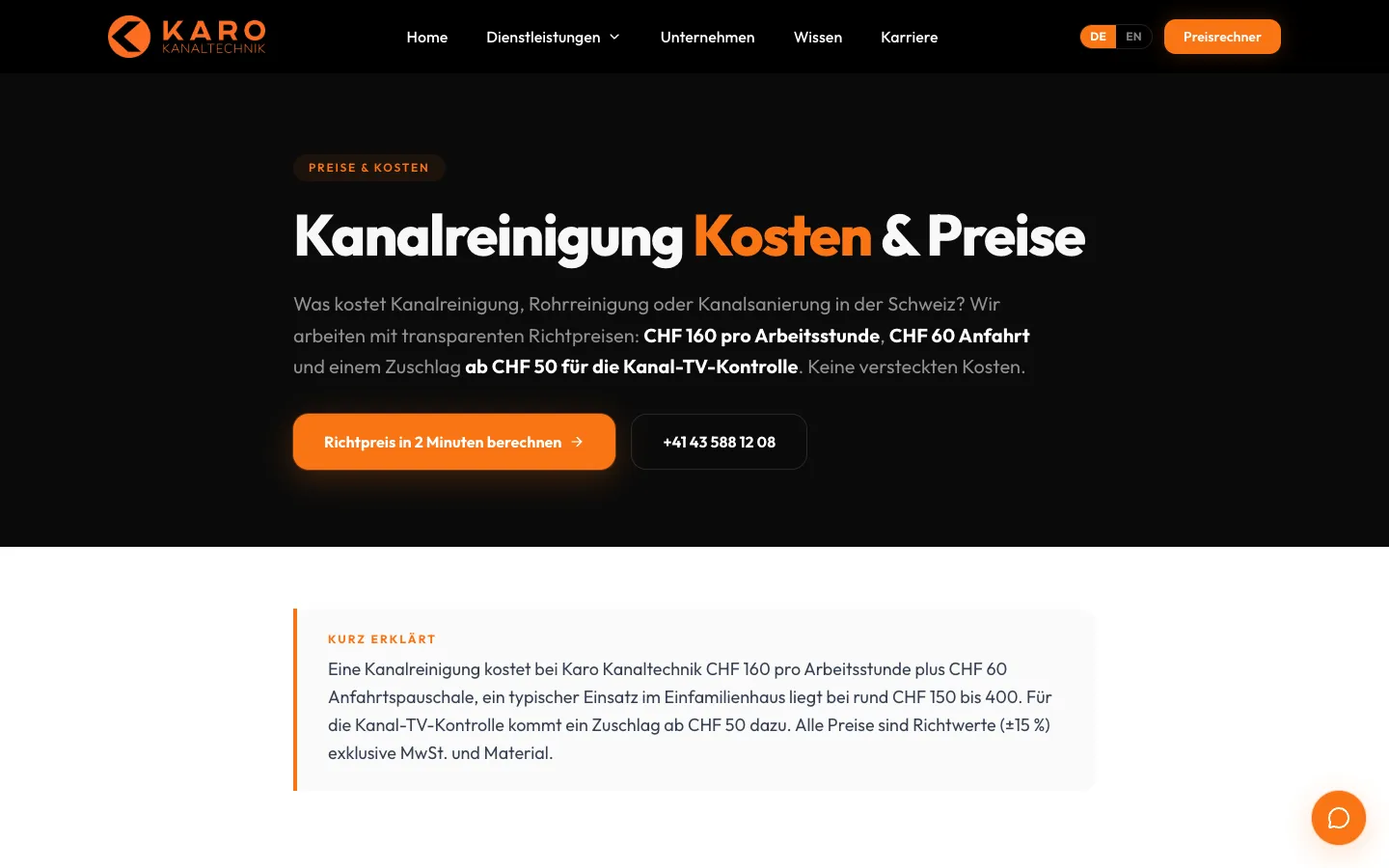 Karo Kanaltechnik – Kostenseite mit offenen Richtpreisen und Kurzantwort für Suchmaschinen