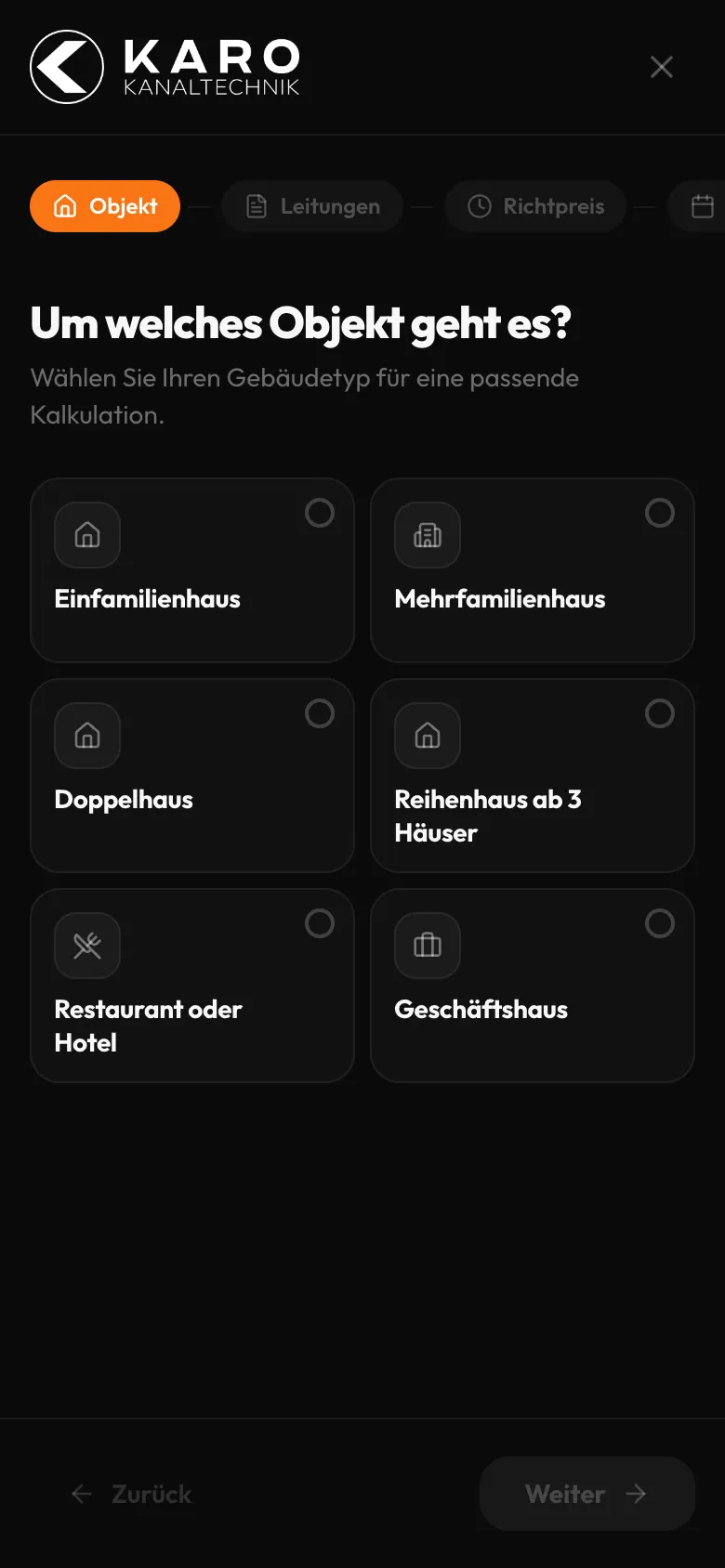 Karo Kanaltechnik – Preisrechner, Schritt 1: Um welches Objekt geht es?