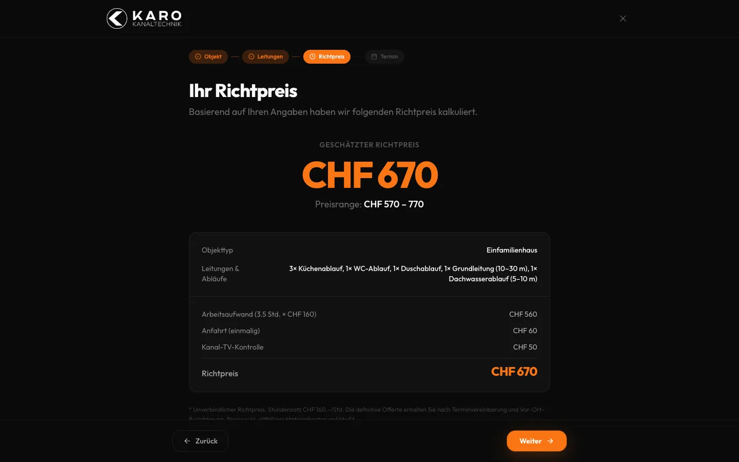 Karo Kanaltechnik – Preisrechner, Schritt «Richtpreis»: Spanne und Aufwand aus den gewählten Leitungen