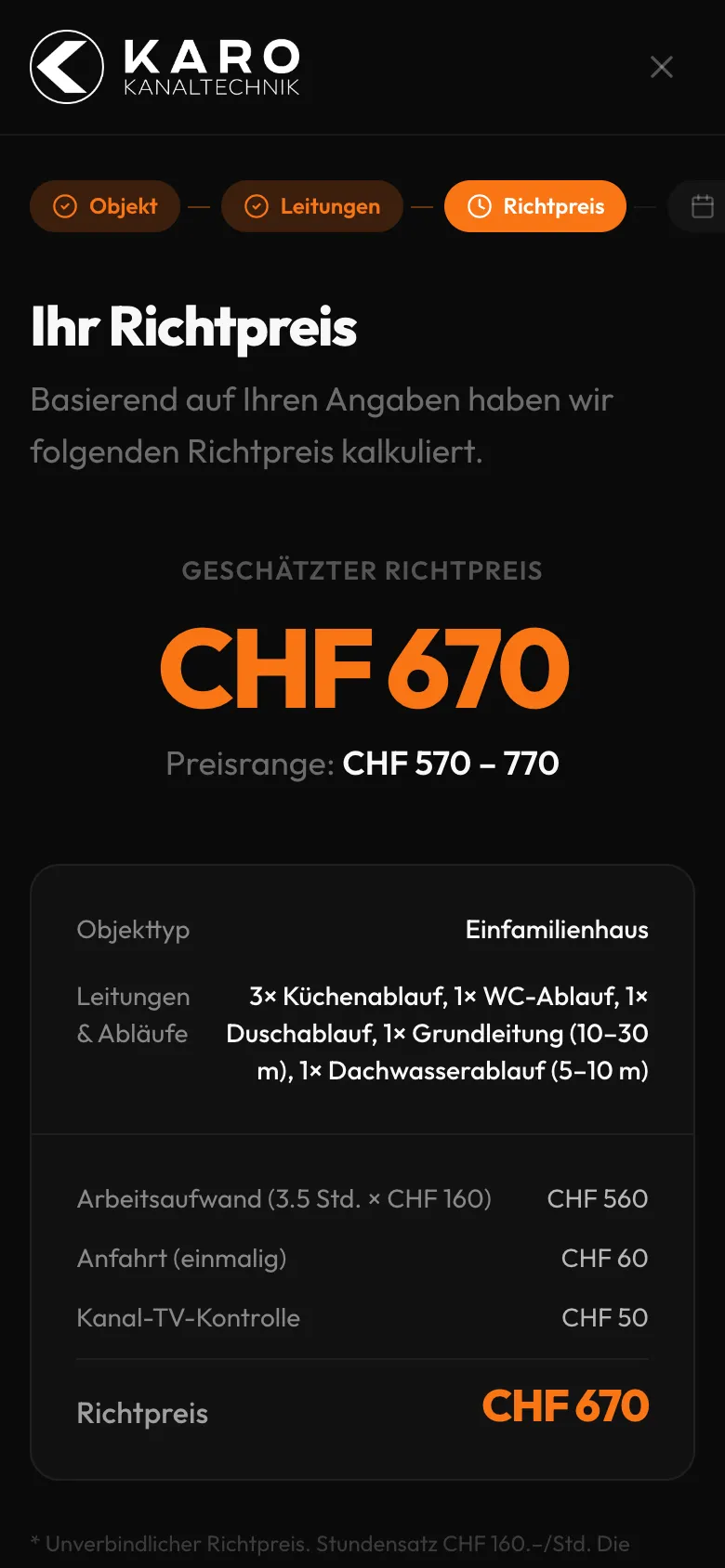 Karo Kanaltechnik – Richtpreis mit Aufschlüsselung nach Arbeitsaufwand, Anfahrt und Kanal-TV