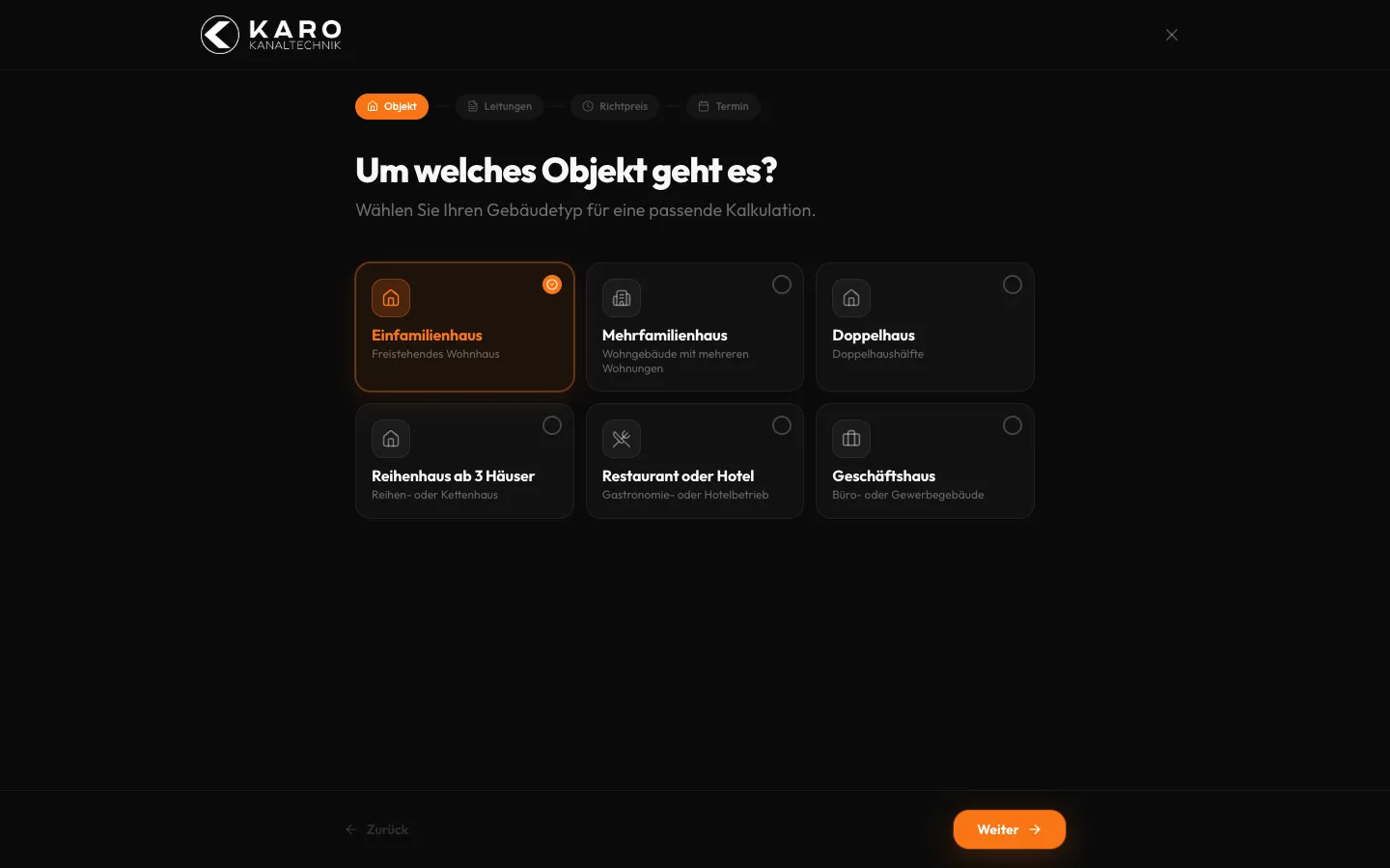Karo Kanaltechnik – Schritt 1: Objekt wählen