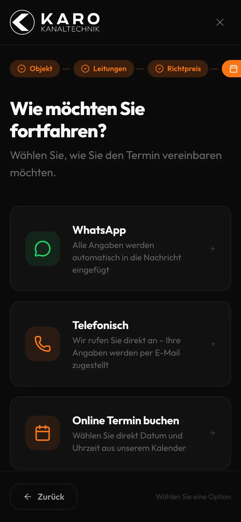 Karo Kanaltechnik – Preisrechner: Weiter per WhatsApp, Rückruf oder Online-Termin