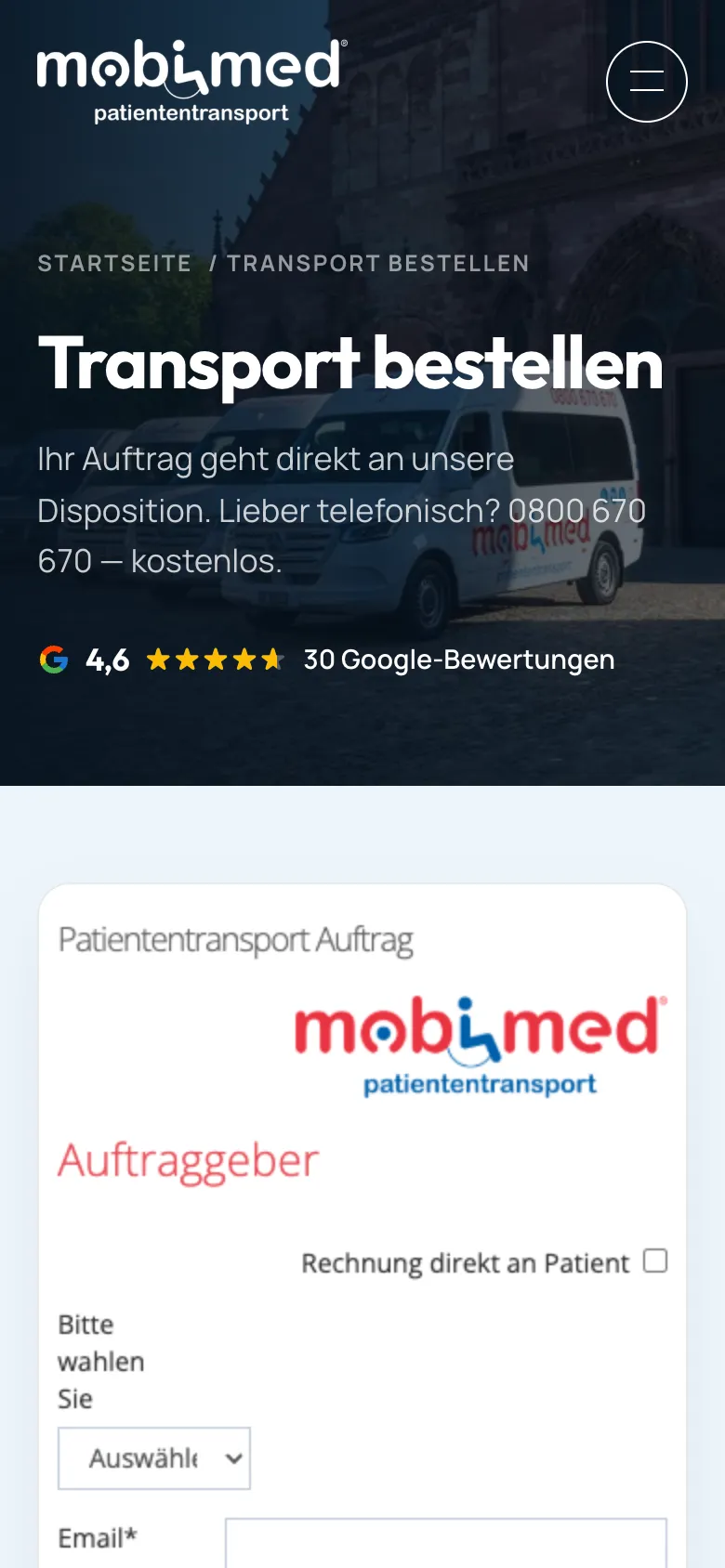 Mobimed – «Transport bestellen» auf dem Handy mit eingebettetem Formular der Disposition (leer)