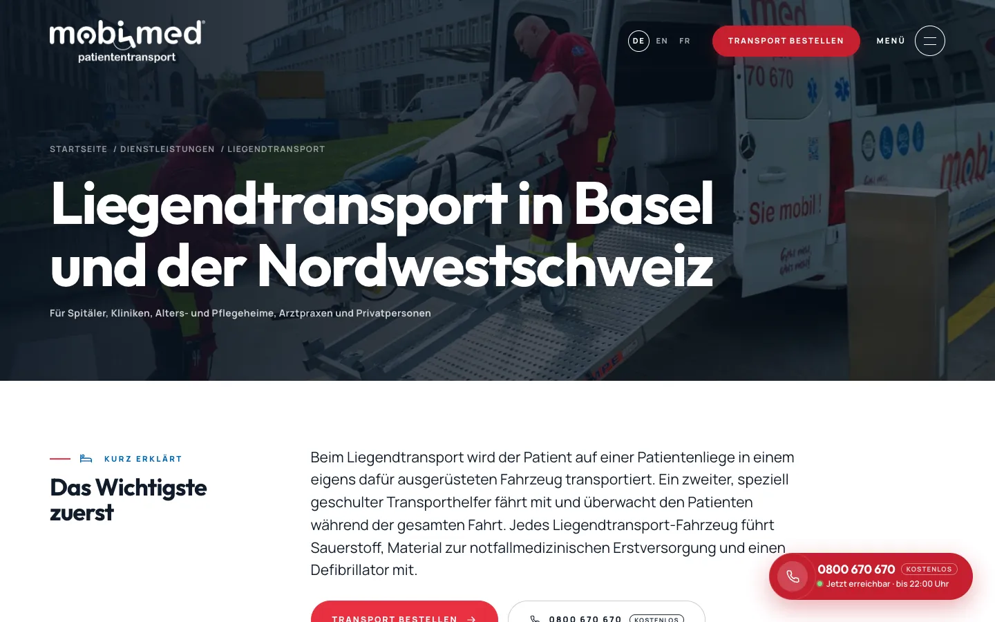 Mobimed – Leistungsseite Liegendtransport