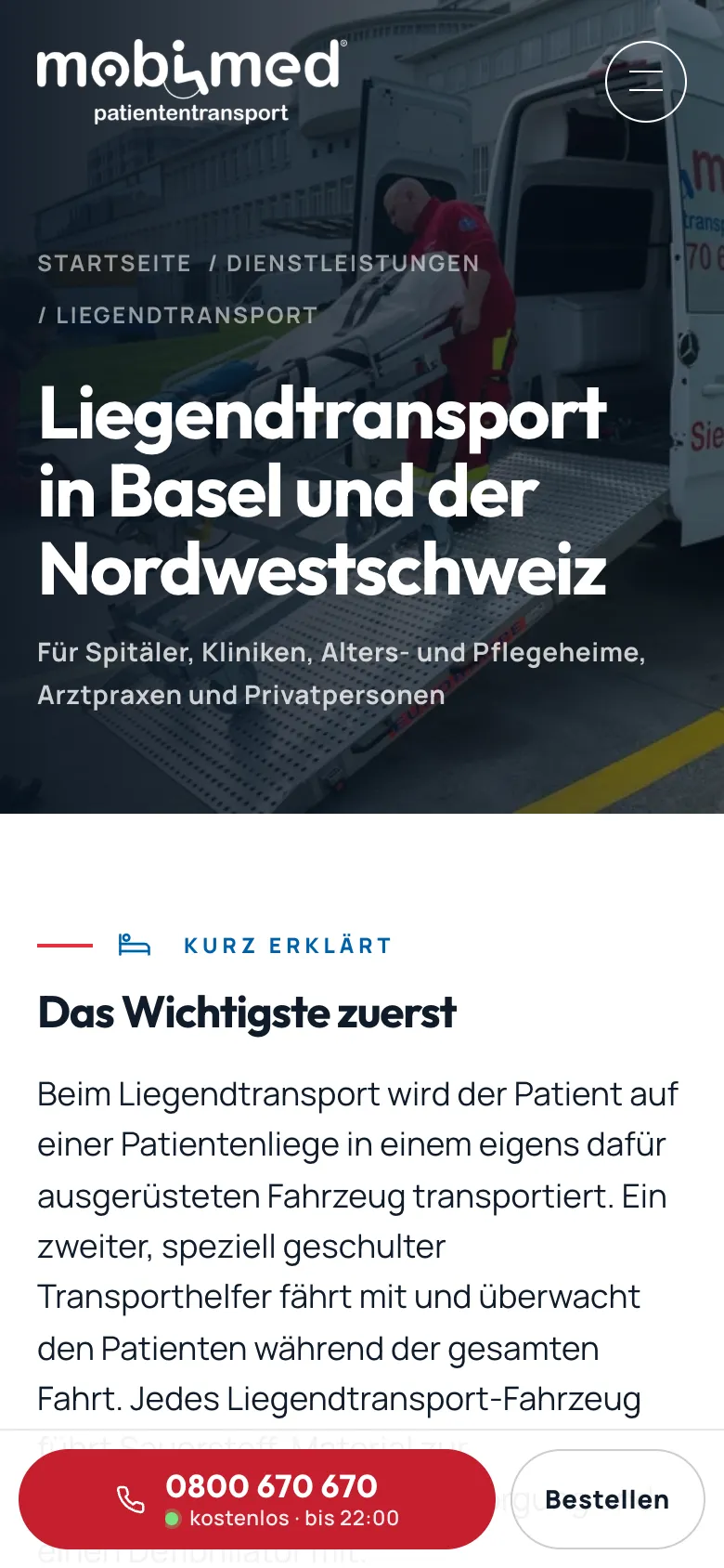Mobimed – Leistungsseite Liegendtransport auf dem Handy mit Kontaktleiste