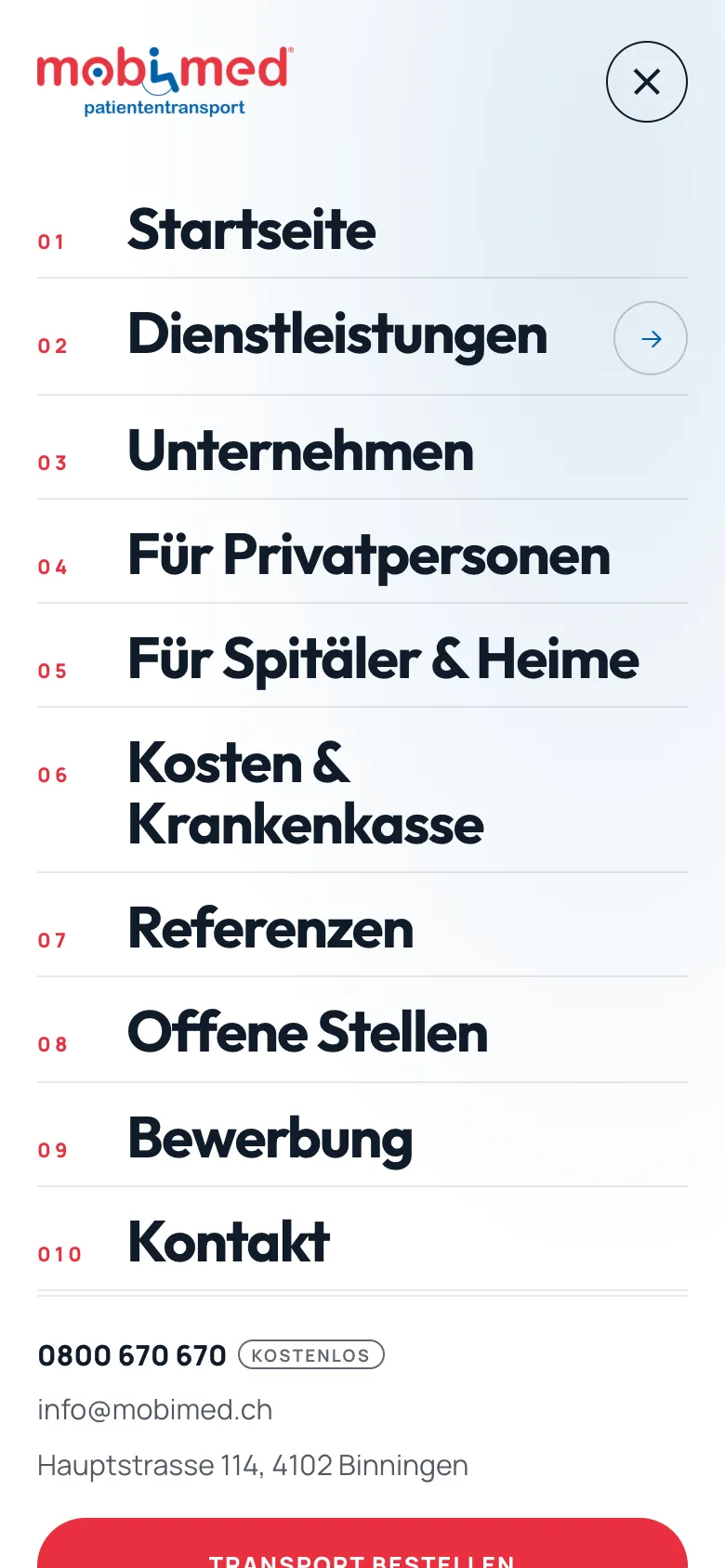 Mobimed – Vollbild-Menü auf dem Handy mit nummerierten Punkten