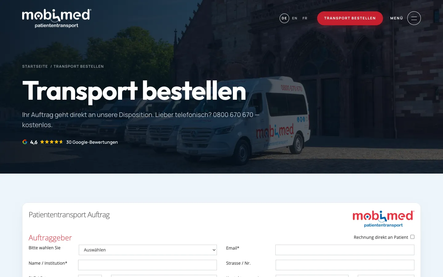 Mobimed – «Transport bestellen» mit eingebettetem Formular der Disposition (leer)