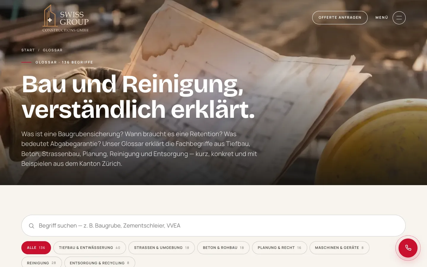 Swiss Group Constructions – Baulexikon mit Suchfeld und Kategorie-Chips