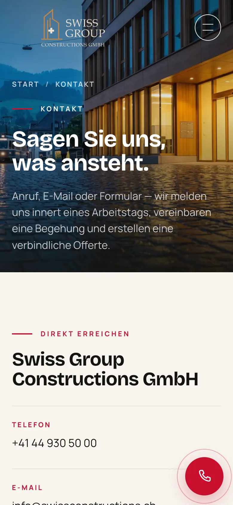 Swiss Group Constructions – Kontakt und Anfrage auf dem Handy