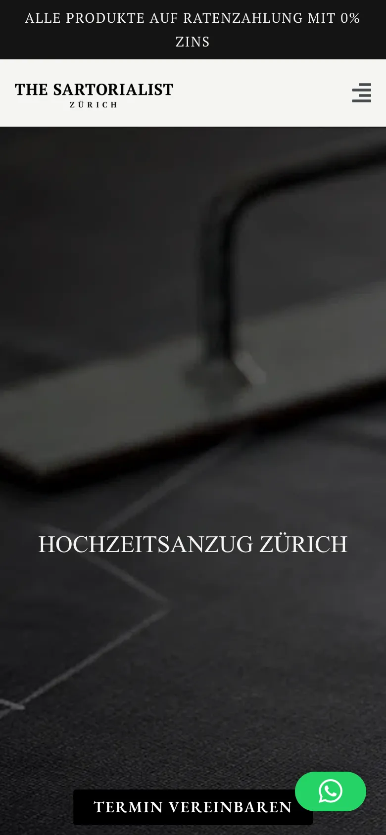 The Sartorialist – «Wedding suit Zurich» page on mobile with booking and WhatsApp buttons