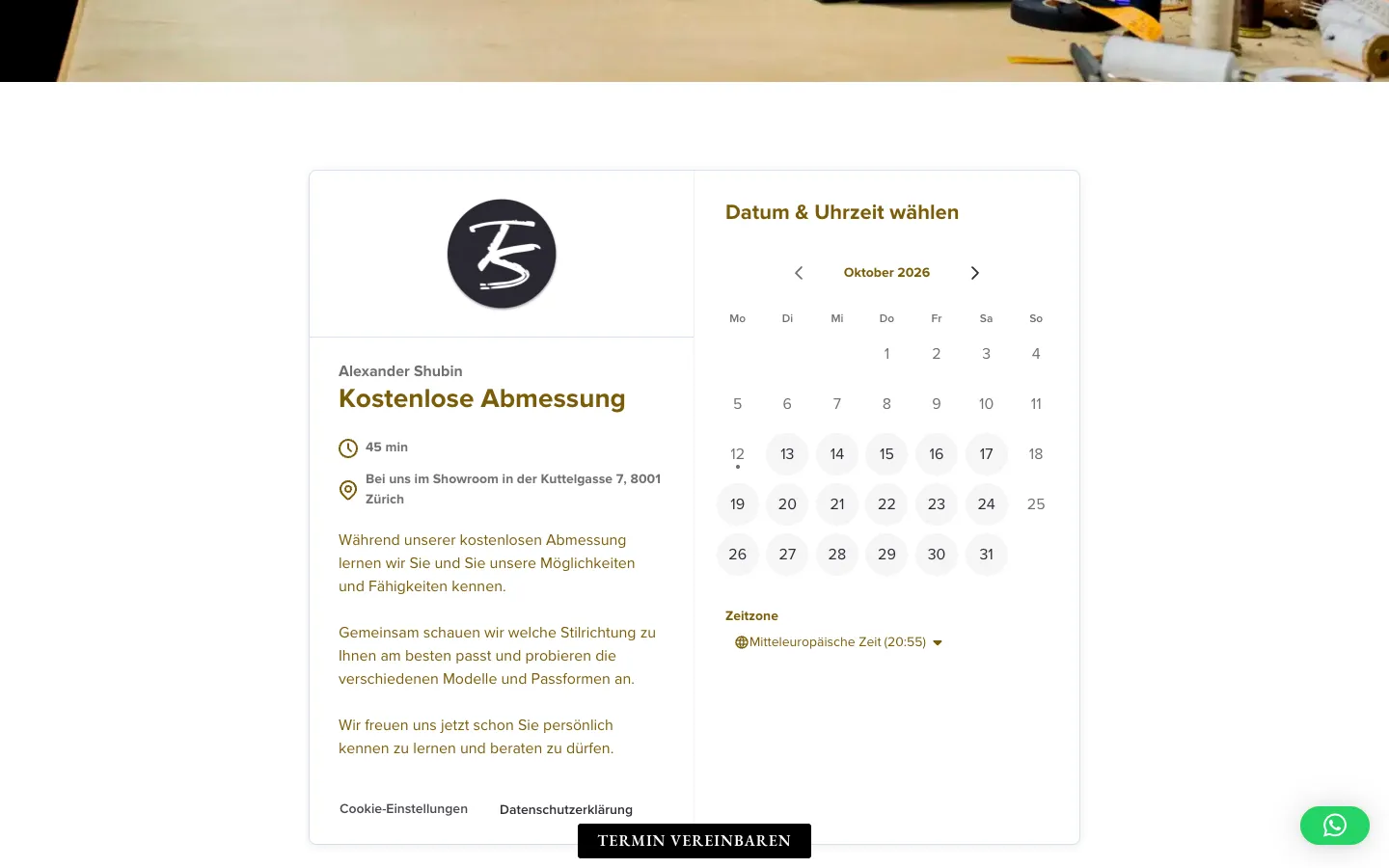 The Sartorialist – Embedded booking for the free fitting (Calendly)