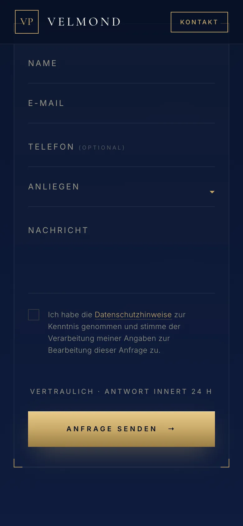 Velmond Partners – Anfrageformular auf dem Handy (leer)