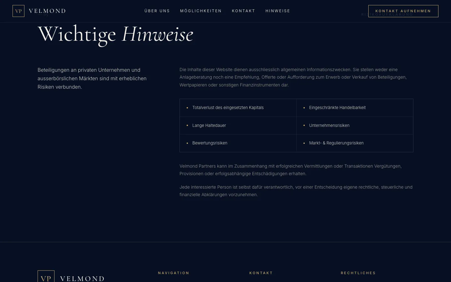 Velmond Partners – «Wichtige Hinweise»: Risiken und Provisionen direkt auf der Seite