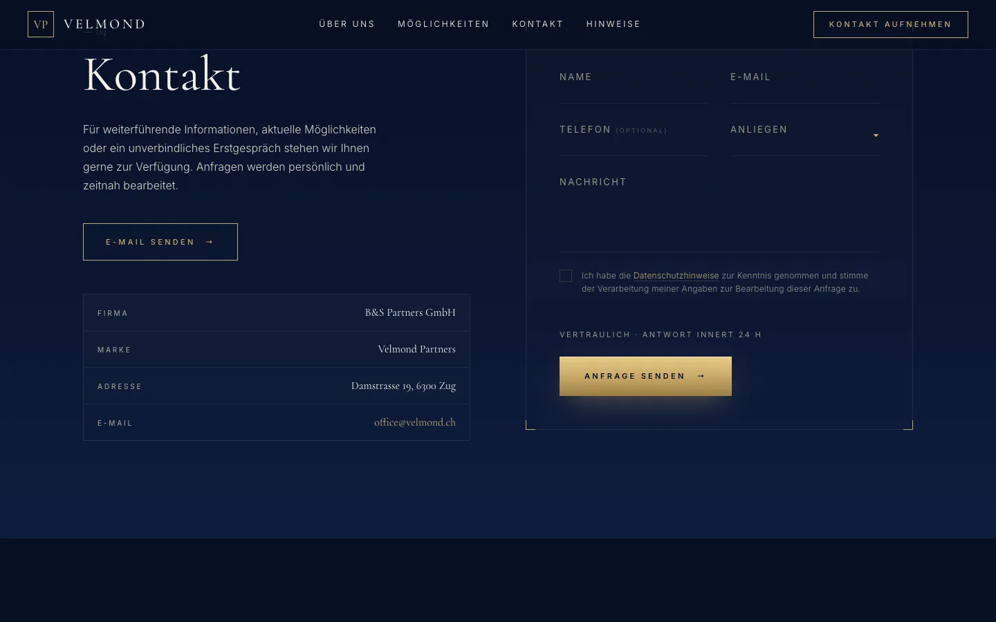 Velmond Partners – Kontaktbereich mit Firmenangaben und Anfrageformular (leer)