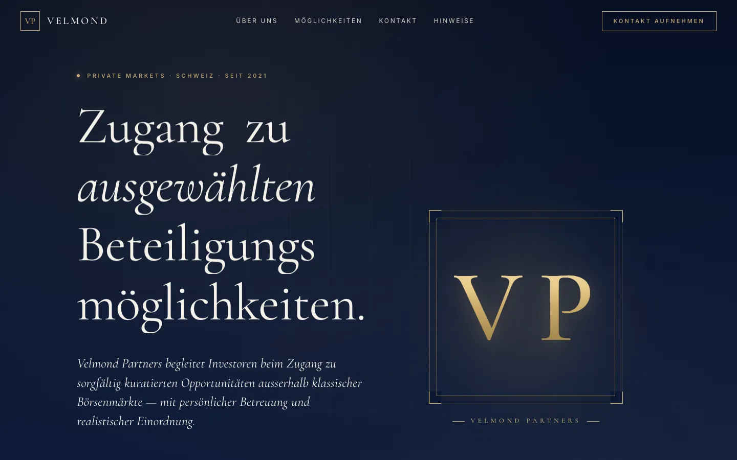 Velmond Partners – Referenz Velmond Partners: diskreter One-Pager für eine Private-Markets-Boutique in Zug, mit Risikoaufklärung, Anfrageformular und ohne Tracking.