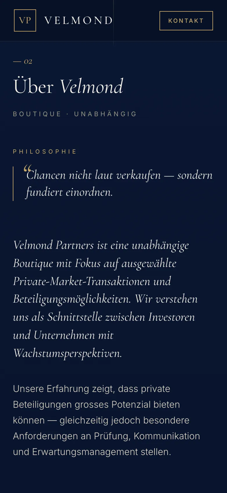 Velmond Partners – Abschnitt «Über Velmond» auf dem Handy